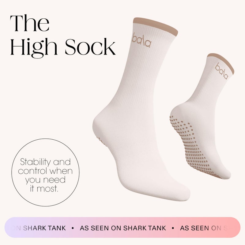 Bala High Sock with Grips, Medium - Classic Crew Slip-Free High Socks Designed for Yoga, Pilates, Barre & Home Workouts - Lightweight, Non-Slip Silicone Dotted Soles â€“ Sand - Image 2