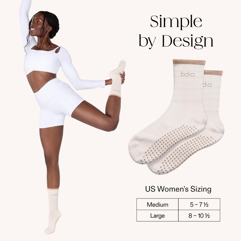 Bala High Sock with Grips, Medium - Classic Crew Slip-Free High Socks Designed for Yoga, Pilates, Barre & Home Workouts - Lightweight, Non-Slip Silicone Dotted Soles â€“ Sand - Image 4