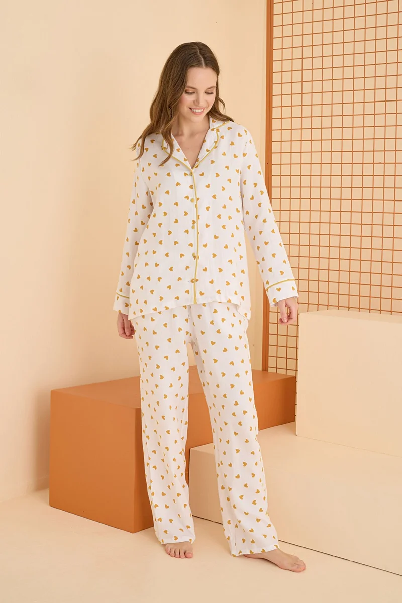 NBB White Yellow Muslin Front Buttoned Heart Pajama Set