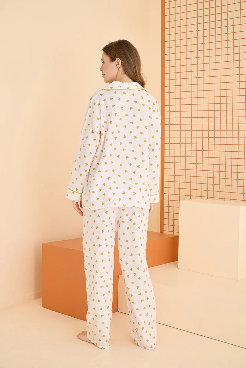 NBB White Yellow Muslin Front Buttoned Heart Pajama Set