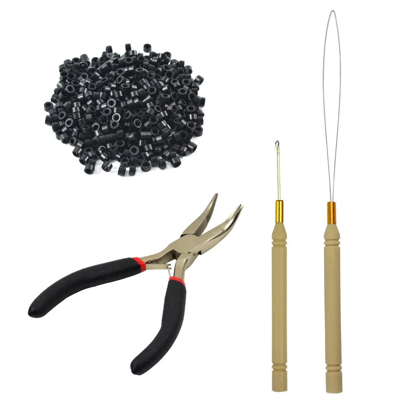 Hair Extensions Tool Kit Black Hair Pliers Pulling Hook Bead Device Tool Kits and 500 Pcs 5 mm Micro Links Rings Beads Black