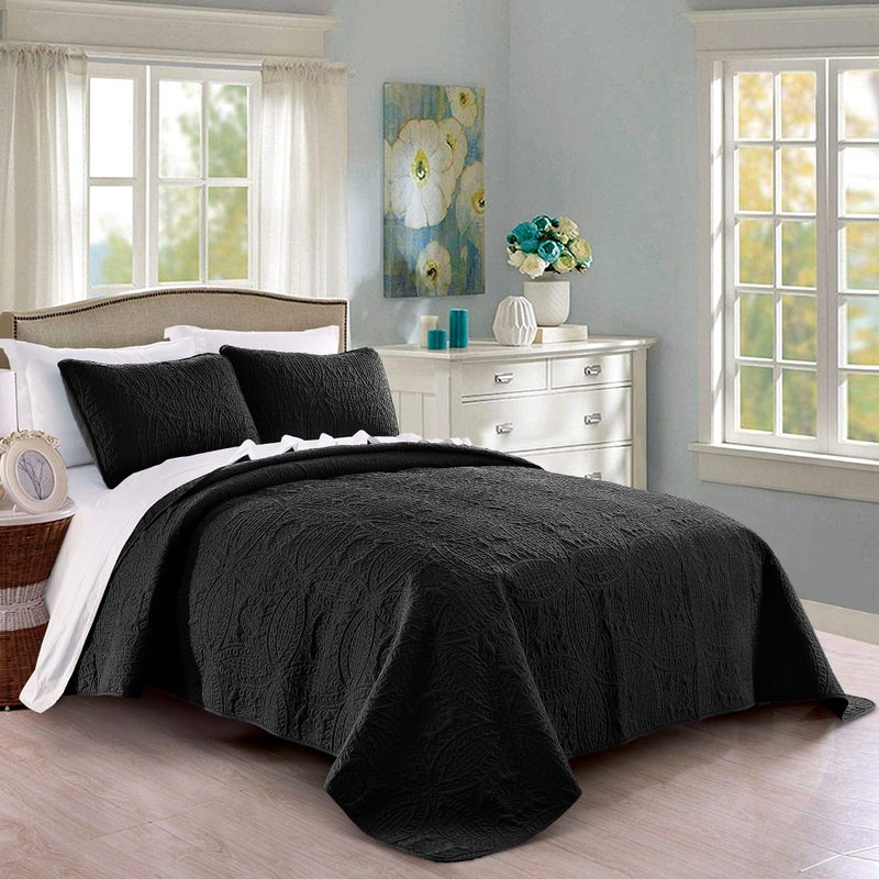 Pure Bedding Quilt Set King/Cal King/California King Size Black - Oversized Bedspread - Soft Microfiber Lightweight Coverlet for All Season - 3 Piece Includes 1 Quilt and 2 Shams, Geometric Pattern - Image 1