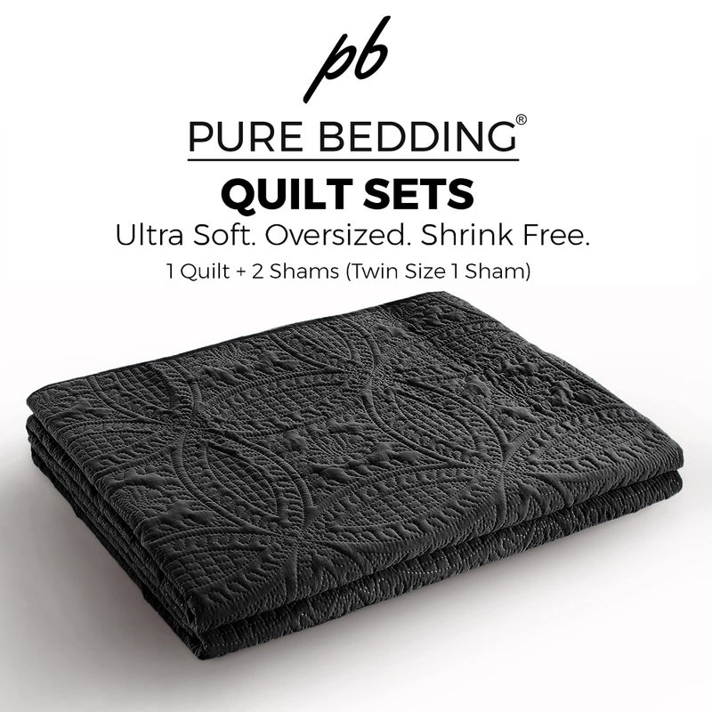 Pure Bedding Quilt Set King/Cal King/California King Size Black - Oversized Bedspread - Soft Microfiber Lightweight Coverlet for All Season - 3 Piece Includes 1 Quilt and 2 Shams, Geometric Pattern - Image 2