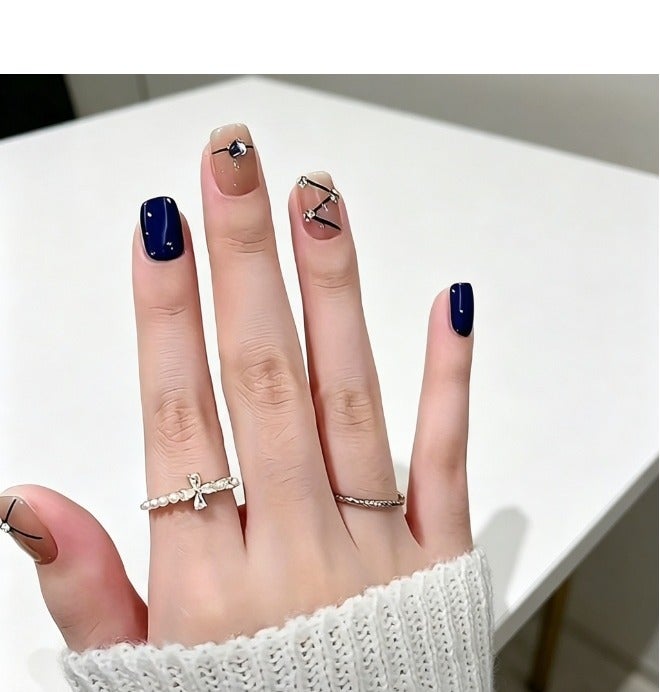 LANGMANNI 24Pcs Premium Fashion Fresh Style Blue Galaxy Short Square Press-On Nails with Diamonds - Image 1