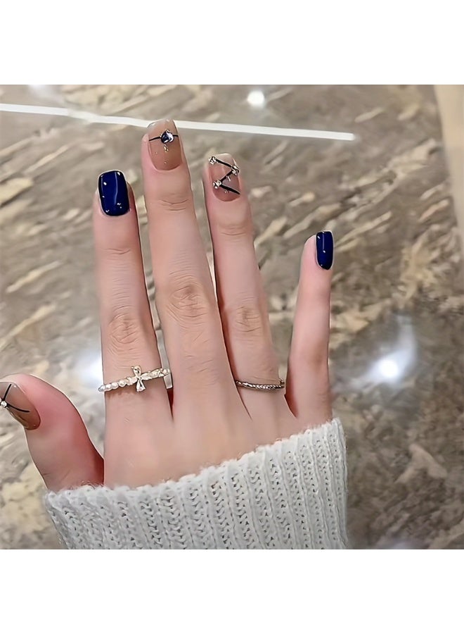 LANGMANNI 24Pcs Premium Fashion Fresh Style Blue Galaxy Short Square Press-On Nails with Diamonds - Image 2