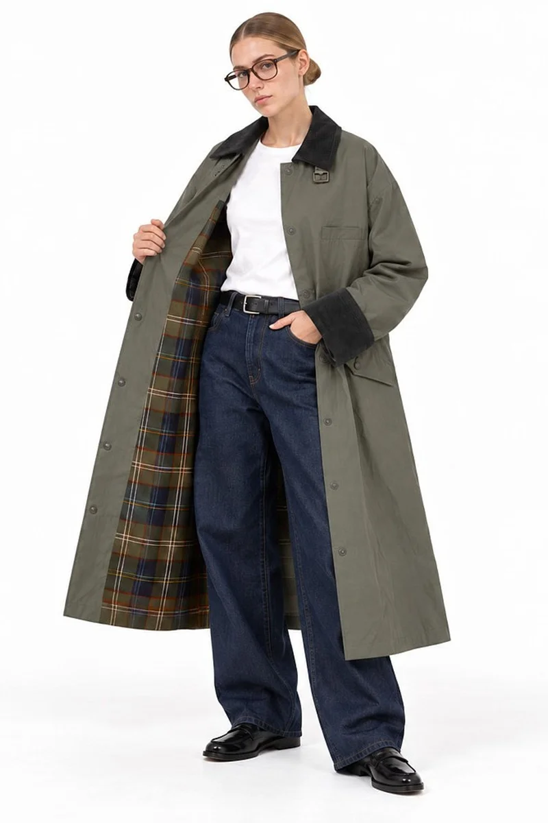 هيكاب Oversized Long Trench Coat with Velvet Collar and Plaid Lining