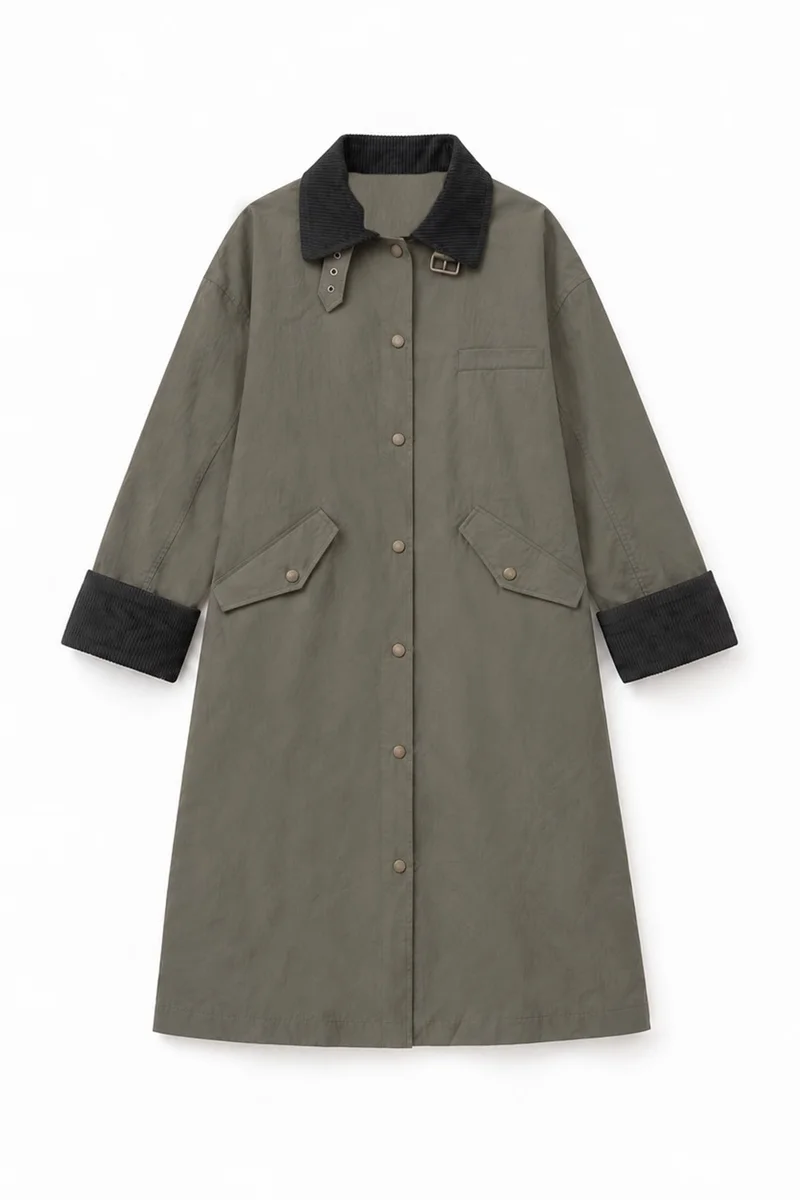 هيكاب Oversized Long Trench Coat with Velvet Collar and Plaid Lining