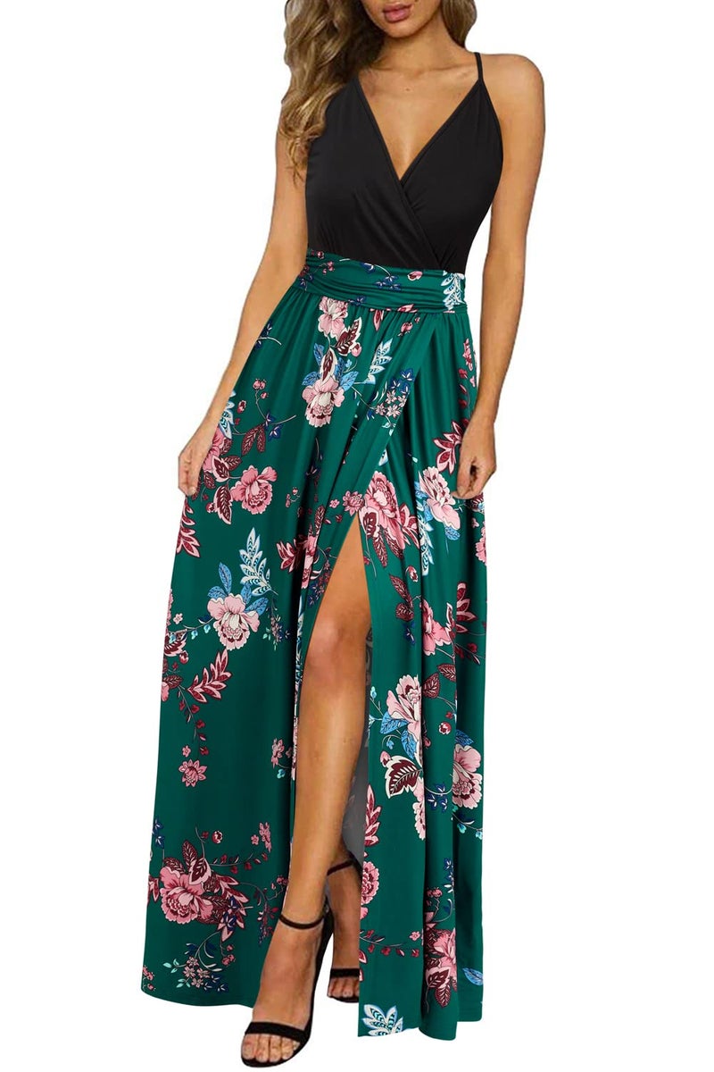 Newshows Womens' 2025 Summer Dresses V Neck Spaghetti Strap Sleeveless Casual Floral Split Wear to Work Business Outfits Flowy Maxi Dress Trendy(Green Floral Pink,M) - Image 1