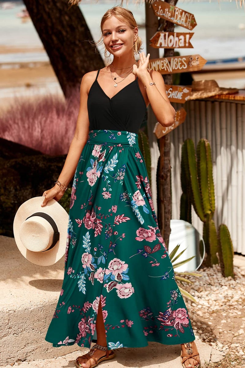 Newshows Womens' 2025 Summer Dresses V Neck Spaghetti Strap Sleeveless Casual Floral Split Wear to Work Business Outfits Flowy Maxi Dress Trendy(Green Floral Pink,M) - Image 4