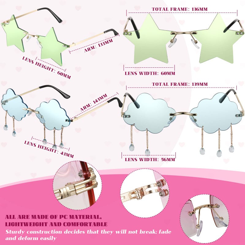 Juinte 8 Pcs Irregular Sunglasses Set Heart Sunglasses Flame Cloud Butterfly Star Rimless Glasses Favors (Vibrant Style) - Image 4