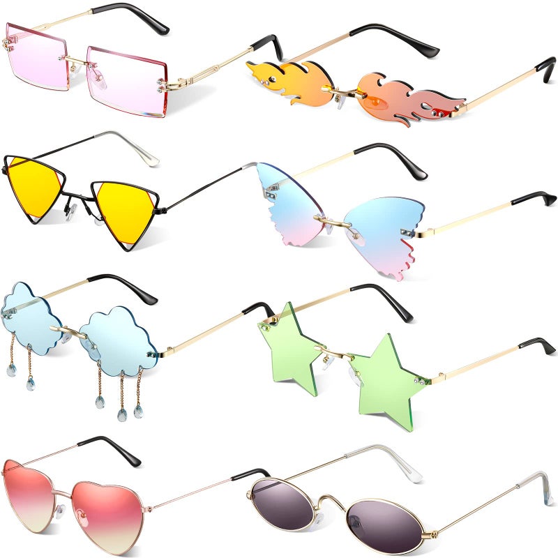 Juinte 8 Pcs Irregular Sunglasses Set Heart Sunglasses Flame Cloud Butterfly Star Rimless Glasses Favors (Vibrant Style) - Image 1
