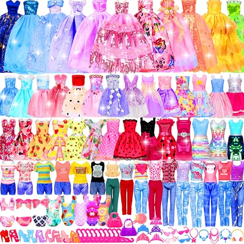 Bymore 195 Pcs Doll Clothes and Accessories Kit Include Princess Gowns Fashion Skirt Slip Dresses Tops Pants Bikini Swimsuits Shoes Crowns Necklaces Glasses Hangers in Gift Box for 1112 Dolls - Image 1