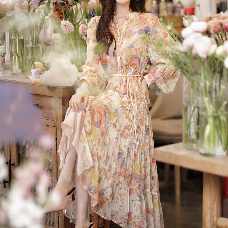 2024 spring new imitation silk printed stand collar printed chiffon dress Dress-Pink