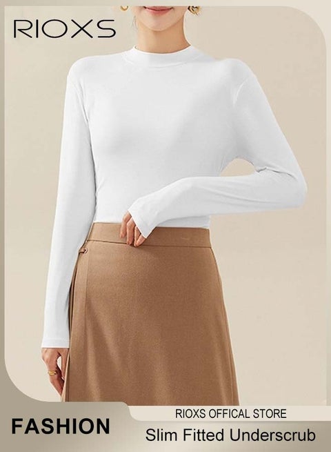 Women's Long Sleeve Basic Shirts, Comfortable Skin-friendly Slim Fitted Underscrub, Soft Stretchy Tops with Round Neck, Classic Simple Undershirt with Fitted Silhouette, Versatile Essential Piece that Can Adapt to Any Situation