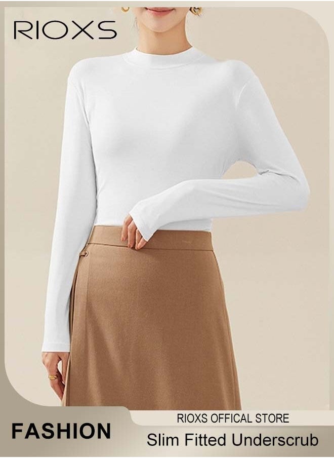 RIOXS Women's Long Sleeve Basic Shirts, Comfortable Skin-friendly Slim Fitted Underscrub, Soft Stretchy Tops with Round Neck, Classic Simple Undershirt with Fitted Silhouette, Versatile Essential Piece that Can Adapt to Any Situation  - Image 1