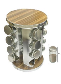 16-Pieces Rotating Spice Jar set Wood grain pattern/Silver 30 CM X 19.5 CM