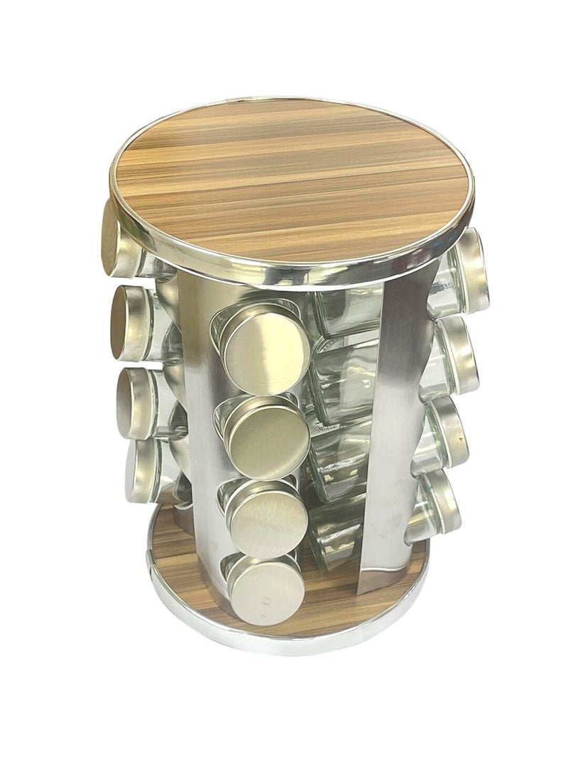 Generic - 16-Pieces Rotating Spice Jar set Wood grain pattern/Silver 30 CM X 19.5 CM - Image 1
