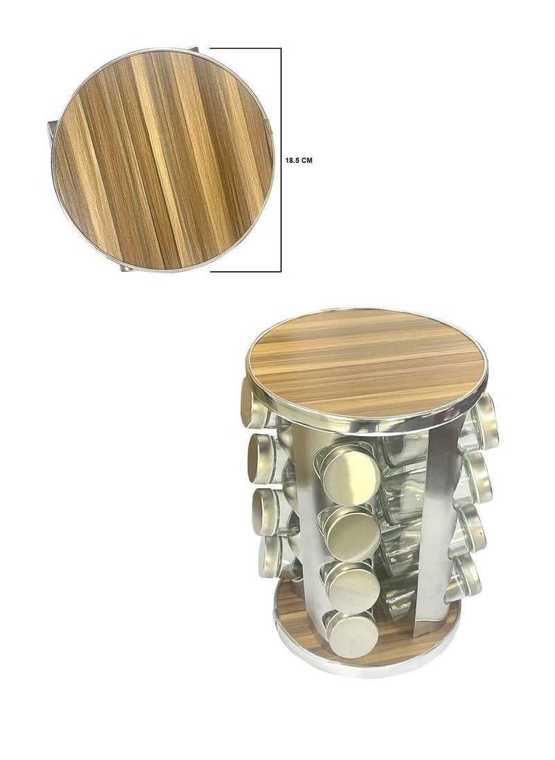 Generic - 16-Pieces Rotating Spice Jar set Wood grain pattern/Silver 30 CM X 19.5 CM - Image 1