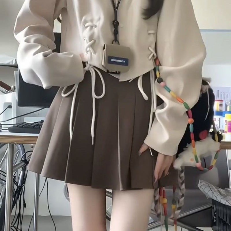Fashionable suit Womens Spring and Summer New Korean Style Strap Polo Collar Shirt Long Sleeve Top Womens Pleated Skirt Two-piece Set Brown skirt (lined)