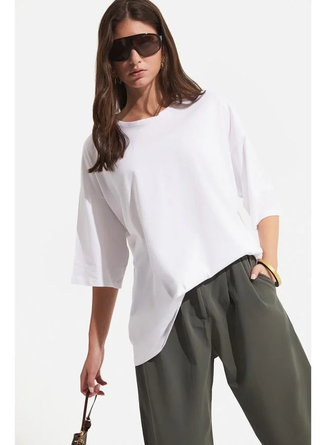 JUNE June 100% Cotton Loose Fit Crew Neck Tshirt White