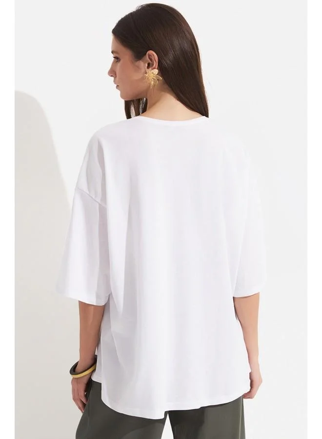 JUNE June 100% Cotton Loose Fit Crew Neck Tshirt White