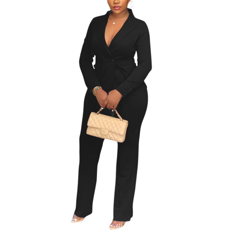 Kafiloe Women Double Breasted Blazer Pants Suit 2 Piece Outfits Casual Long Sleeve Blazer Set for Work Business Black XL - Image 4