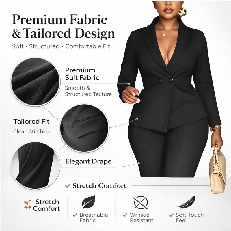 Kafiloe Women Double Breasted Blazer Pants Suit 2 Piece Outfits Casual Long Sleeve Blazer Set for Work Business Black XL - Image 3