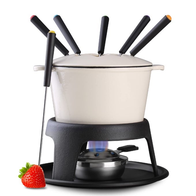 CAST IRON FONDUE POT SET FOR CHOCOLATE CHEESE SWISS FONDUE POT SET FOR MEAT WITH 6 FONDUE FORKS CHEESE CAMPING FONDUE SET SERVE 6 PERSONSWHITE