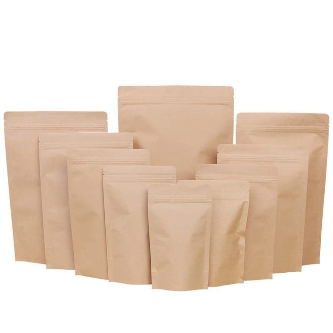 REUSABLE ZIP LOCK BROWN KRAFT STAND UP PAPER POUCH BAGS WITHOUT RECTANGLE TRANSPARENT WINDOW TEARAWAY NOTCH FOR MULTIPURPOSE STORAGE PACK OF 50 PCS 400 GM