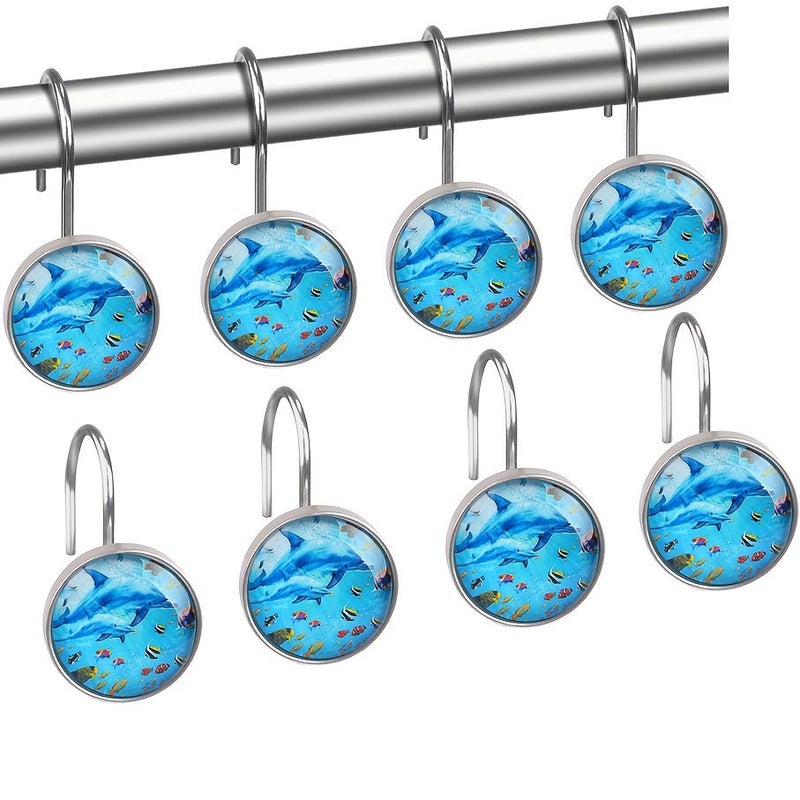 12Pcs Blue Nautical Dolphin Shower Curtain Hooks Rust Resistant Bathroom Decor - Image 1