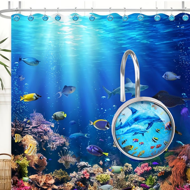 12Pcs Blue Nautical Dolphin Shower Curtain Hooks Rust Resistant Bathroom Decor - Image 2