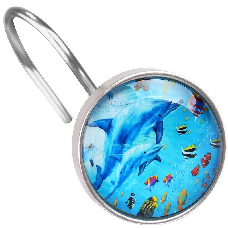 12Pcs Blue Nautical Dolphin Shower Curtain Hooks Rust Resistant Bathroom Decor - Image 5