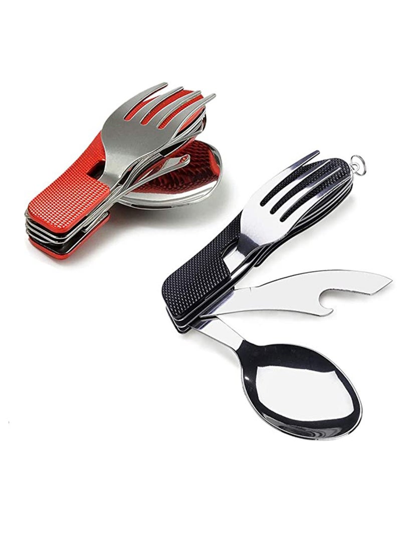 Camping Utensils, 4-in-1 BBQ Multifunctional Tool, Fork Spoon Knife Bottle Opener, Stainless Steel Folding Camping Cutlery for Picnic Travel BBQ  - Image 1