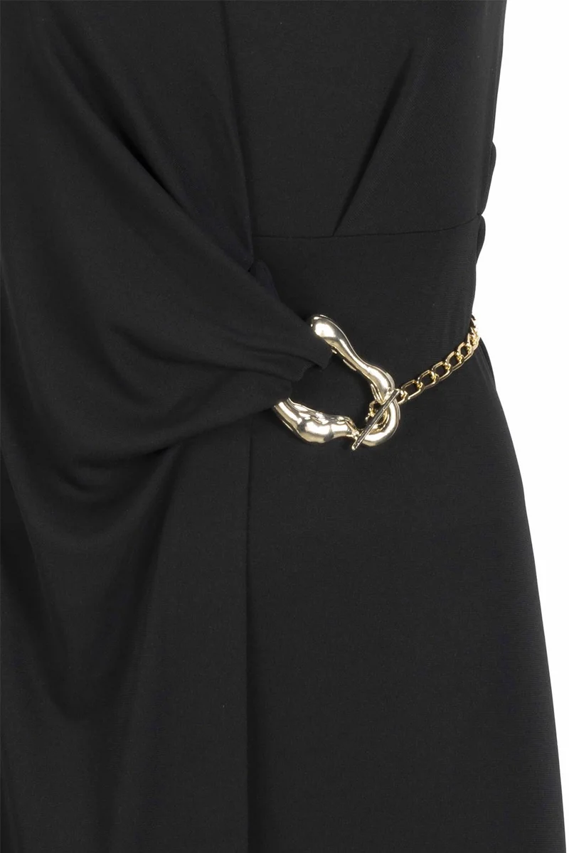 EXQUISE Black Midi Dress with Chain and Buckle Details