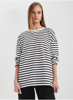 DeFacto Oversize Fit Crew Neck Striped Thick Sweatshirt Fa  - Image 1