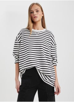 DeFacto Oversize Fit Crew Neck Striped Thick Sweatshirt Fa  - Image 3