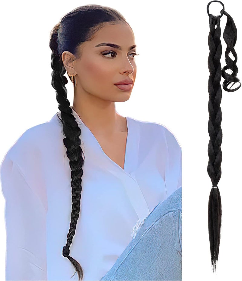 SEGO Long Braided Ponytail Extension With Elastic Hair Tie 150G Synthetic Hairpiece Straight Wrap Around Ponytail Hair Extensions 32 Inch Medium Brown