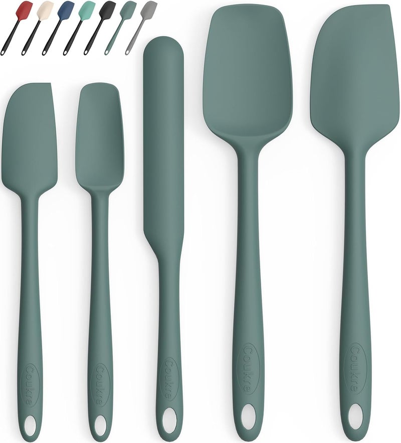 Coukre Silicone Spatula Set of 5,High Heat Resistant, Food Grade Silicone, Upgraded Extended Reinforced Handle,Dishwasher Safe, for Baking, Cooking (Pure Dark Green, Solid color) - Image 1