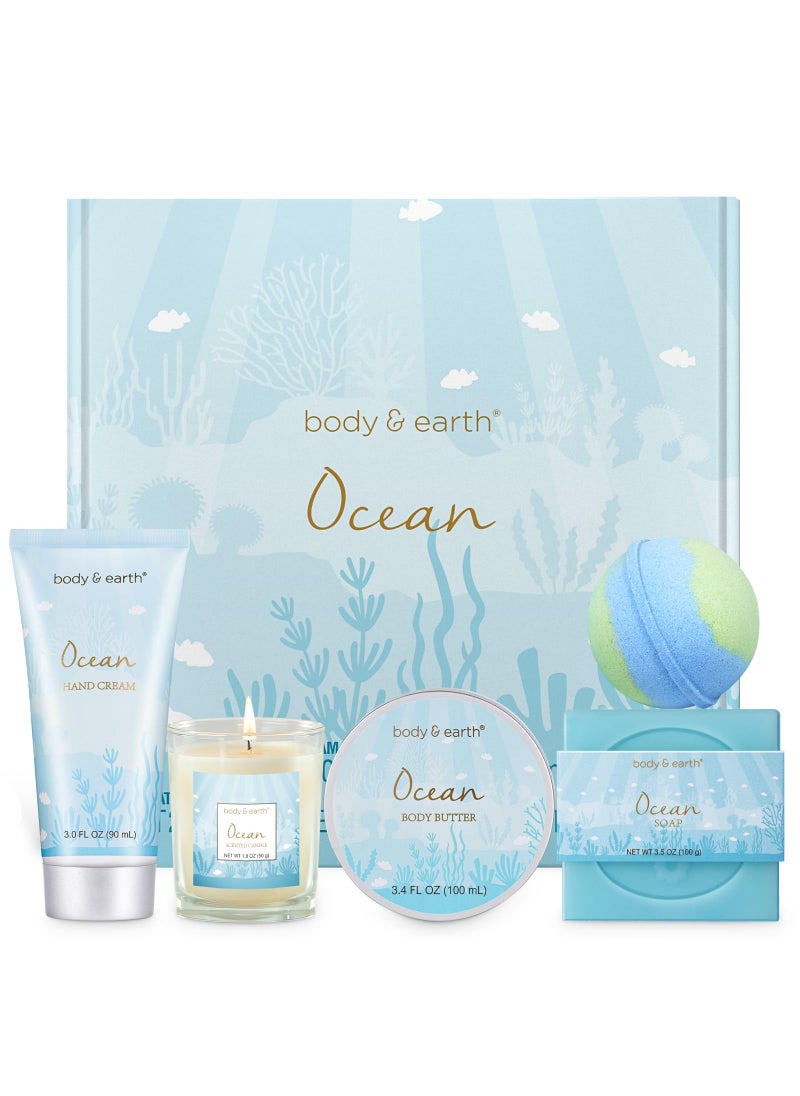 BODY & EARTH - Gifts for Women, Bath and Body Womens Gift Sets with 5 Pcs Ocean Scented Spa Gifts for Women Bath Gift with Scented Candle Body Butter Hand Cream Bath Bomb Mothers Day Gifts - Image 1