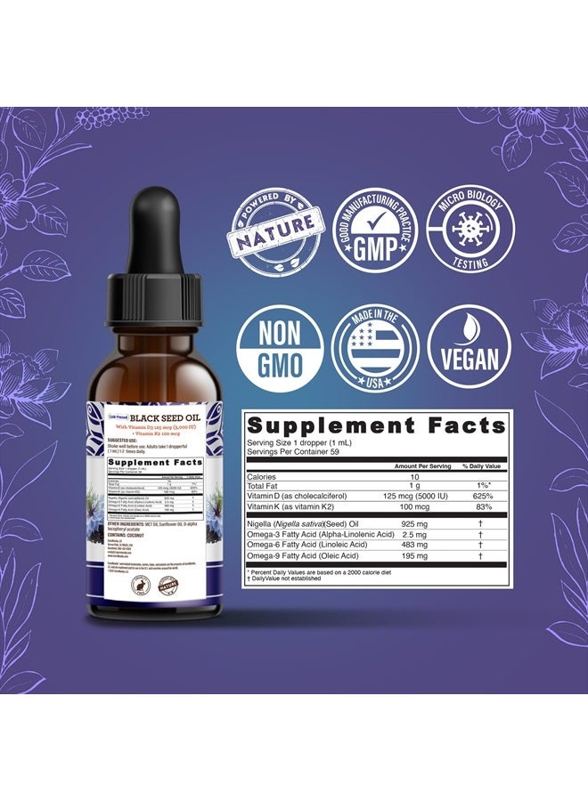GuruNanda Black Seed Oil, Cold-Pressed Nigella Sativa - Rich in Vitamin D3 5000 Units, K2 & E, High Thymoquinone | Potent Antioxidant for Immune Support, Non-GMO, 2 Fl.oz - Image 4