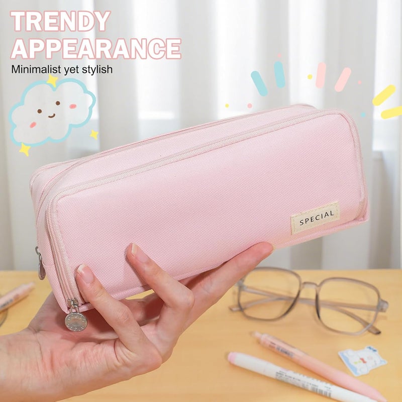 Large Capacity Pencil Case with 3 Compartments - Pink - Image 4