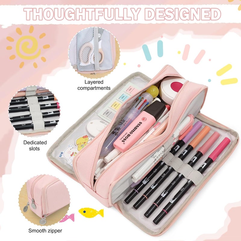 Large Capacity Pencil Case with 3 Compartments - Pink - Image 3