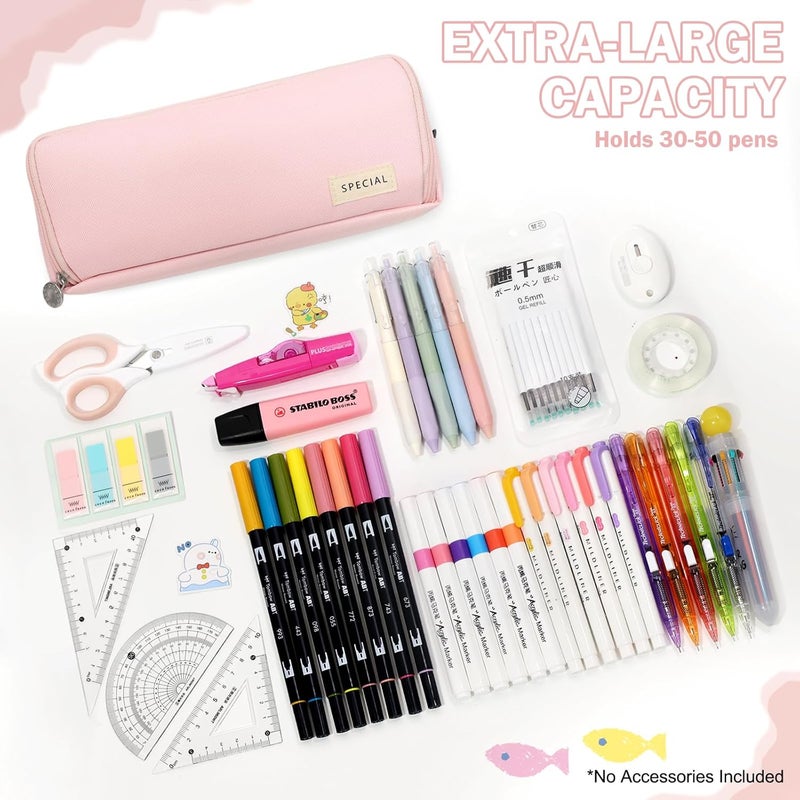 Large Capacity Pencil Case with 3 Compartments - Pink - Image 2