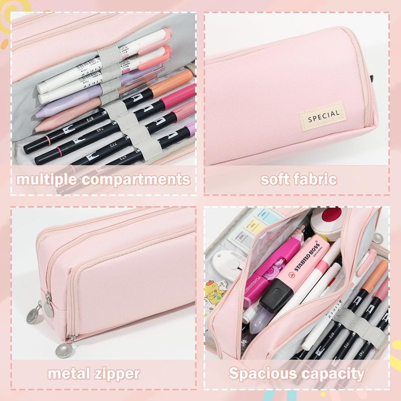 Large Capacity Pencil Case with 3 Compartments - Pink - Image 5