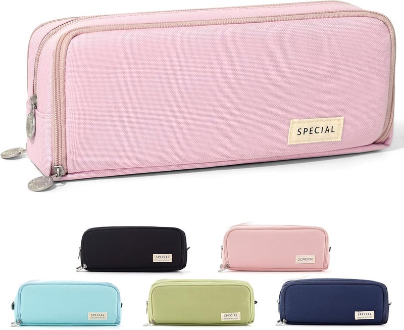 Large Capacity Pencil Case with 3 Compartments - Pink - Image 1