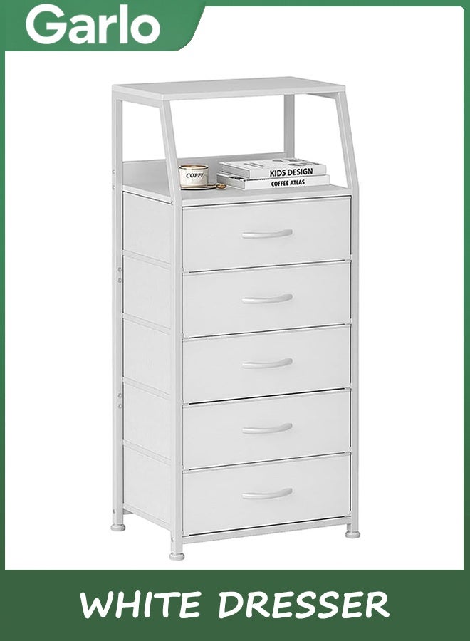جارلو خزانة أبيض مع 5 أدراج, برج التخزين الرأسي قماش خزانة لغرفة النوم, الممر, المدخل, الحضانة, خزانة المنظم, أثاث طاولة جنب السرير, إطار الصلب القوي, الخشب أعلى - Image 1