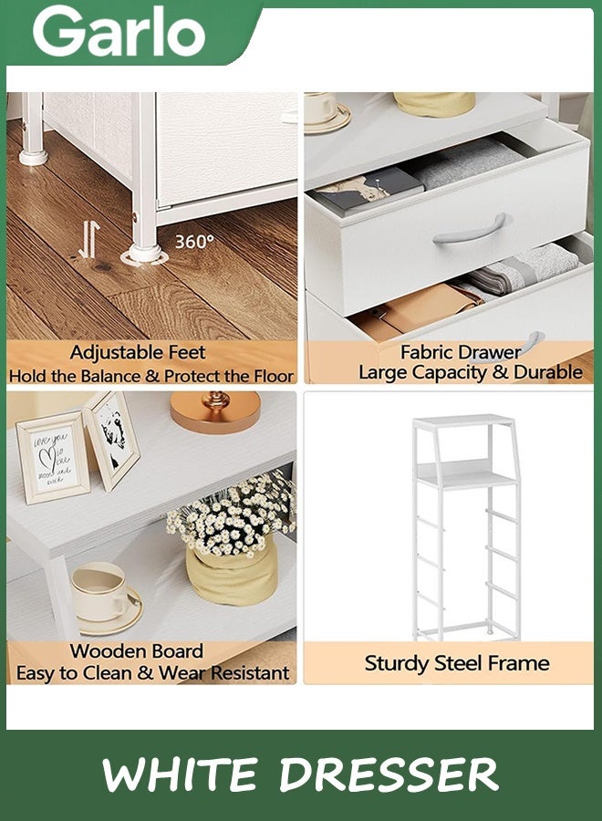 جارلو خزانة أبيض مع 5 أدراج, برج التخزين الرأسي قماش خزانة لغرفة النوم, الممر, المدخل, الحضانة, خزانة المنظم, أثاث طاولة جنب السرير, إطار الصلب القوي, الخشب أعلى - Image 5