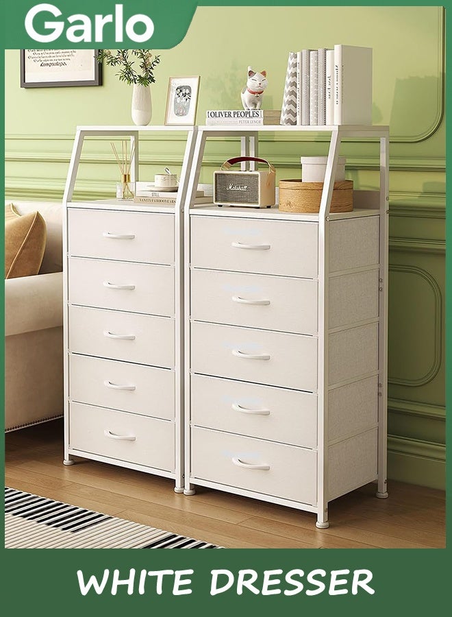 جارلو خزانة أبيض مع 5 أدراج, برج التخزين الرأسي قماش خزانة لغرفة النوم, الممر, المدخل, الحضانة, خزانة المنظم, أثاث طاولة جنب السرير, إطار الصلب القوي, الخشب أعلى - Image 4