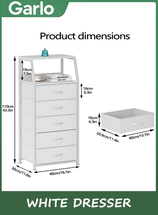 جارلو خزانة أبيض مع 5 أدراج, برج التخزين الرأسي قماش خزانة لغرفة النوم, الممر, المدخل, الحضانة, خزانة المنظم, أثاث طاولة جنب السرير, إطار الصلب القوي, الخشب أعلى - Image 2
