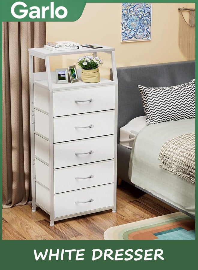 جارلو خزانة أبيض مع 5 أدراج, برج التخزين الرأسي قماش خزانة لغرفة النوم, الممر, المدخل, الحضانة, خزانة المنظم, أثاث طاولة جنب السرير, إطار الصلب القوي, الخشب أعلى - Image 3